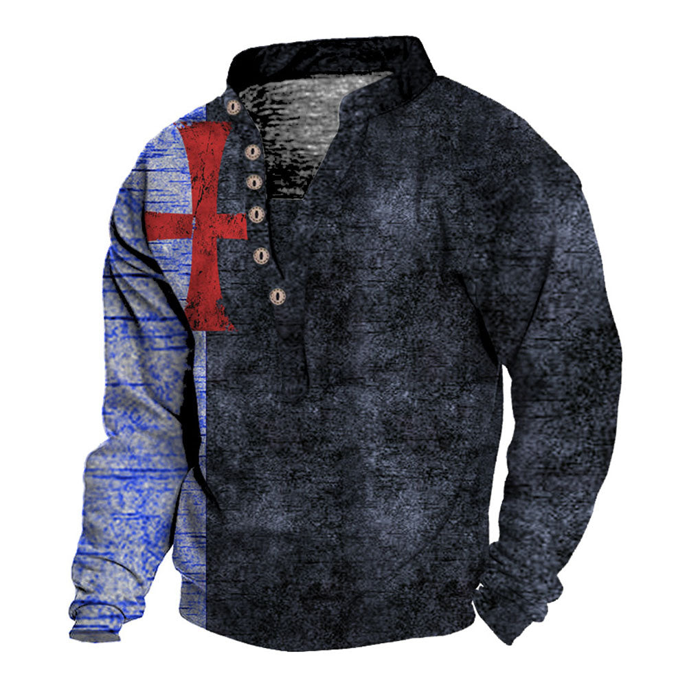 European Stand Collar Color Block Print Long Sleeve Men's T-shirt