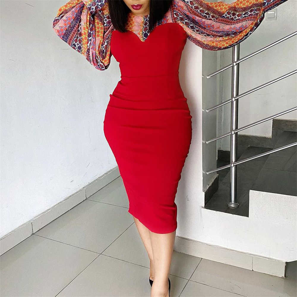 Bodycon Dress | Knee-Length Print Long Sleeve Round Neck Office Lady Women's Dress