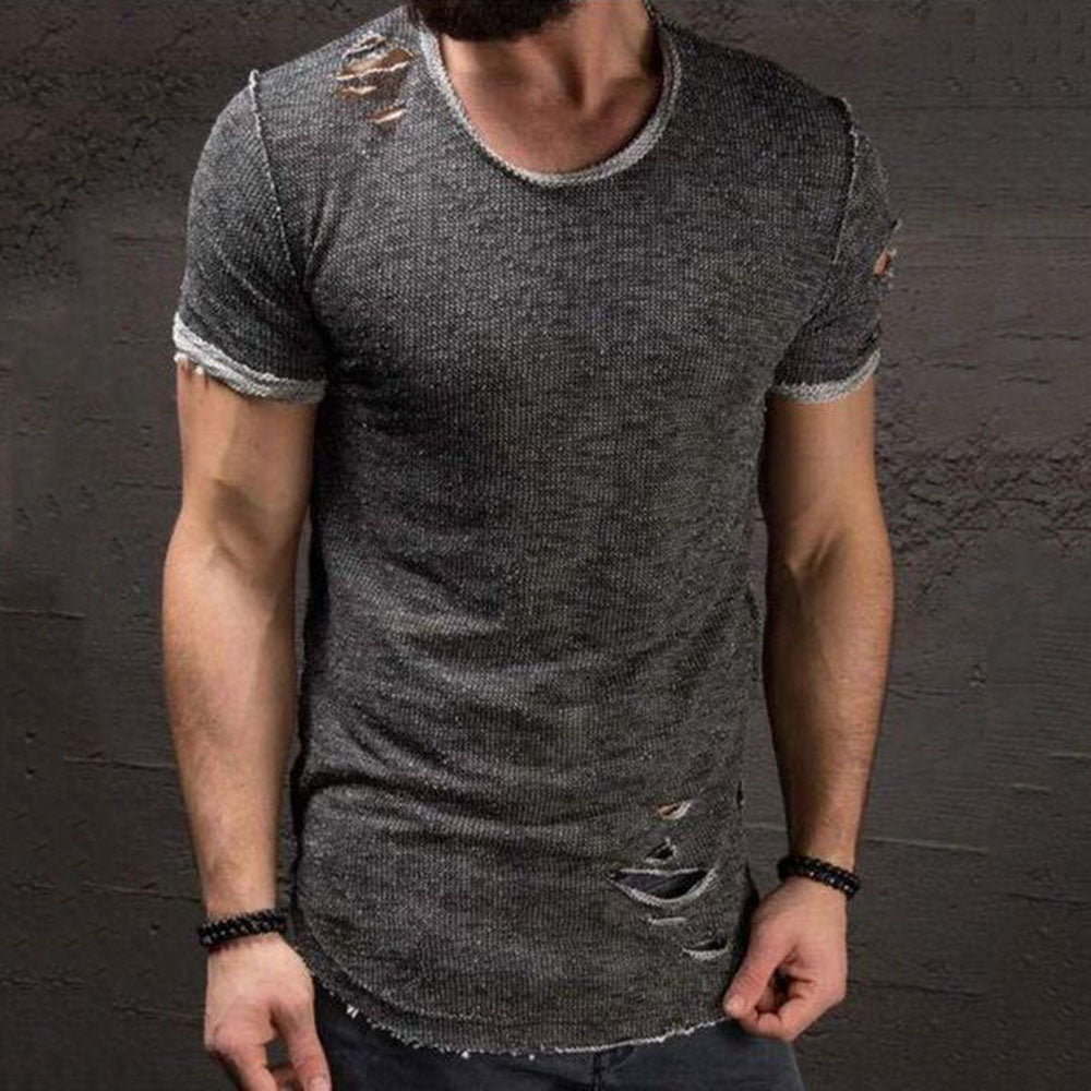 Round Neck Plain Casual Hole Slim Men's T-shirt