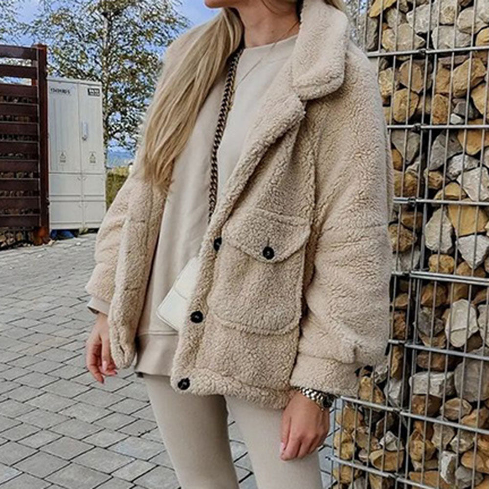 Single-Breasted Loose Long Sleeve Fleece Lapel Women's Jacket