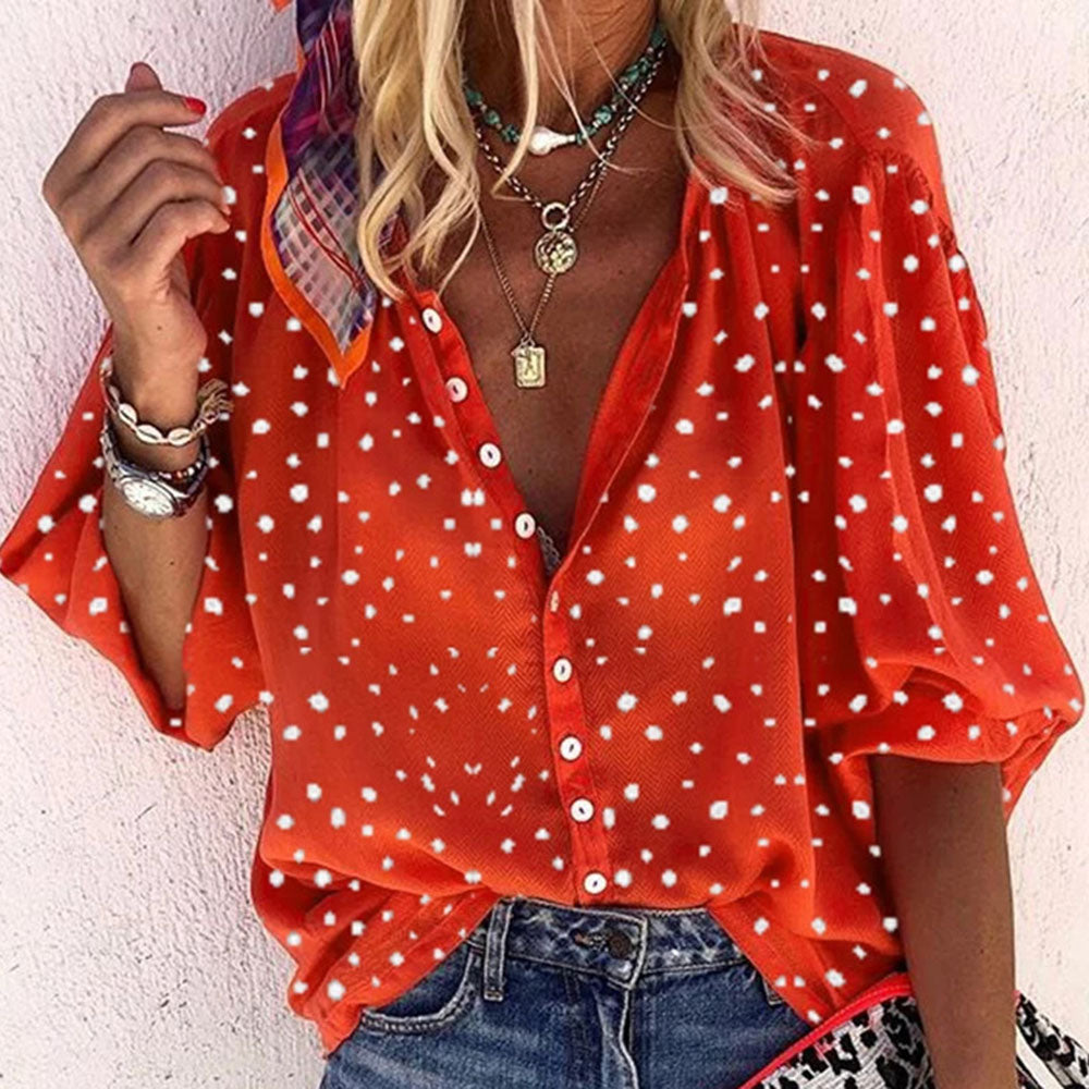 Polka Dots Lapel Three-Quarter Sleeve Women's Blouse