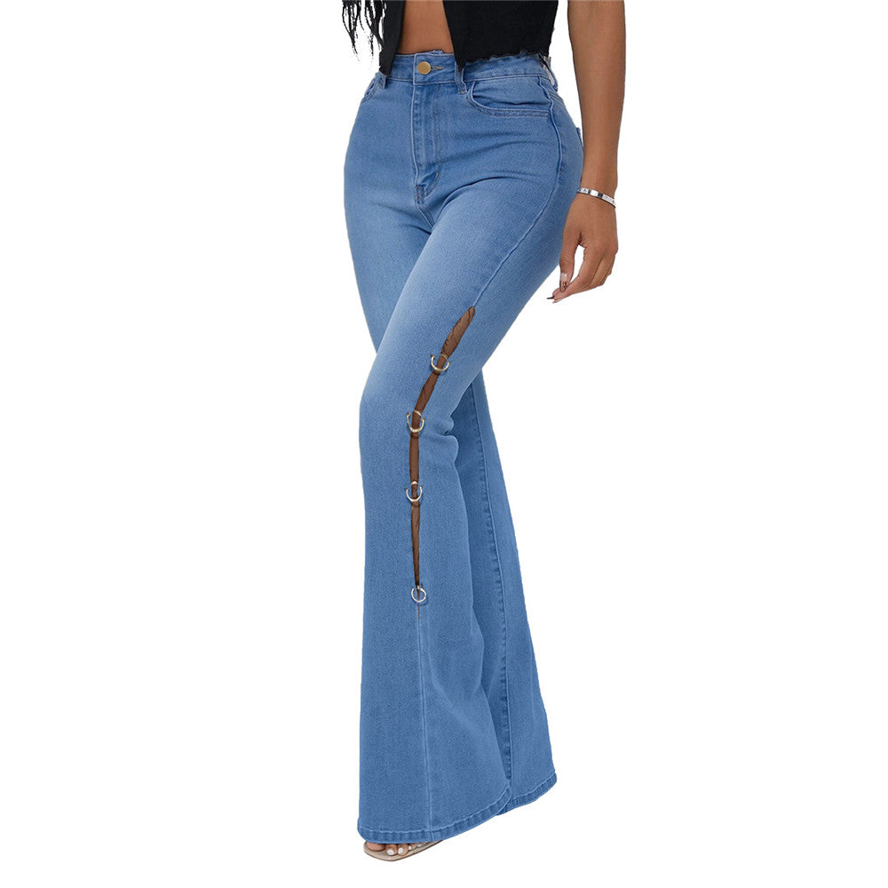 Plain Hollow Bellbottoms Slim Women's Jeans