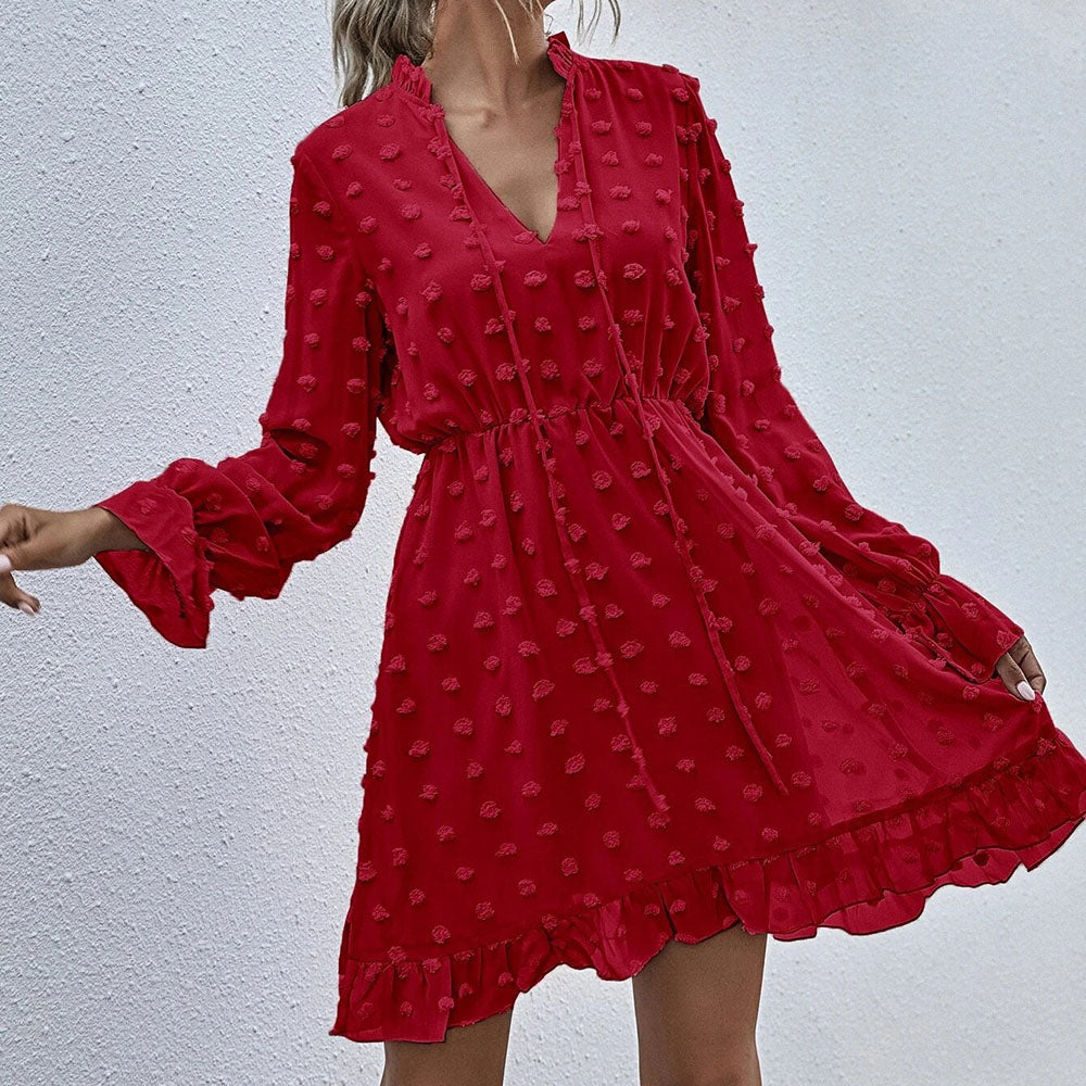 Ruffled Collar Long Sleeve Above Knee Plain Women's Dress