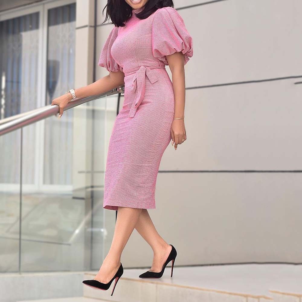 Short Sleeve Mid-Calf Lace-Up Stand Collar Standard-Waist Women's Dress