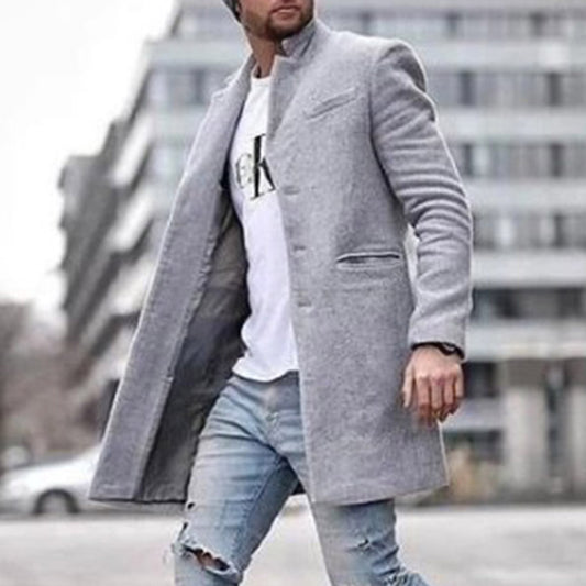 Plain Stand Collar Mid-Length Single-Breasted Men's Coat