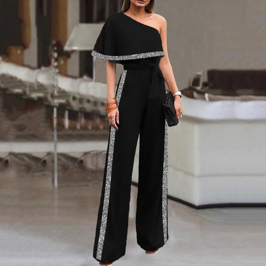 Full Length Fashion Asymmetric Color Block High Waist Women's Jumpsuit