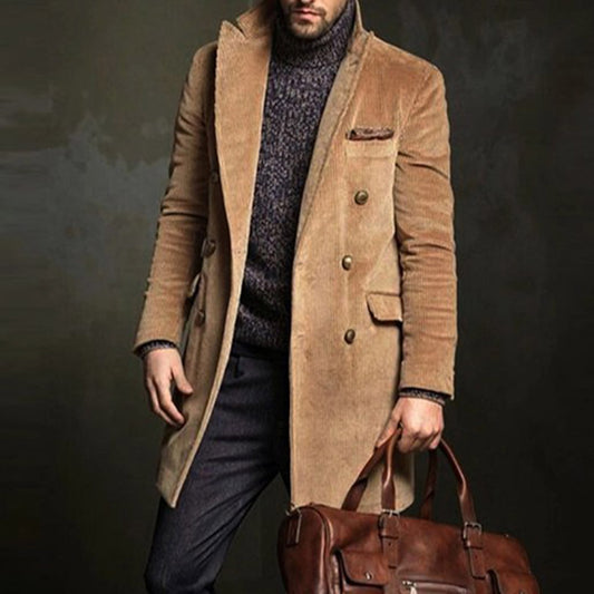 Mid-Length Plain Button Double-Breasted Men's Coat