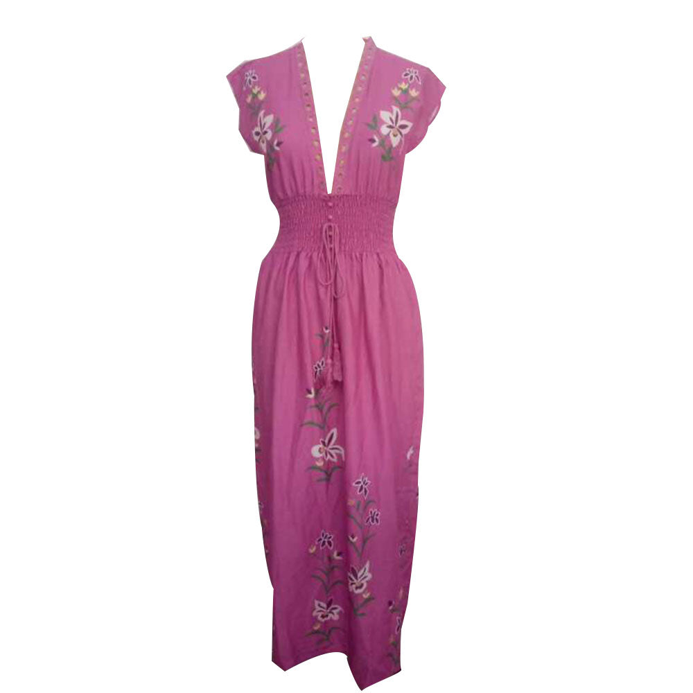 V-Neck Floor-Length Cap Sleeve Embroidery Casual Women's Dress