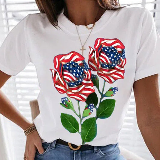 American Flag Rose Print Short Sleeve Round Neck Tops Female Pullover Tees | Casual Women's T-Shirt