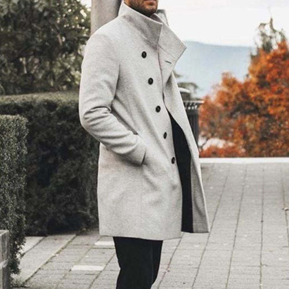 Mid-Length Stand Collar Single-Breasted Men's Coat