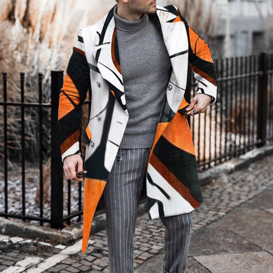 Long Geometric Lapel Button Winter Men's Coat