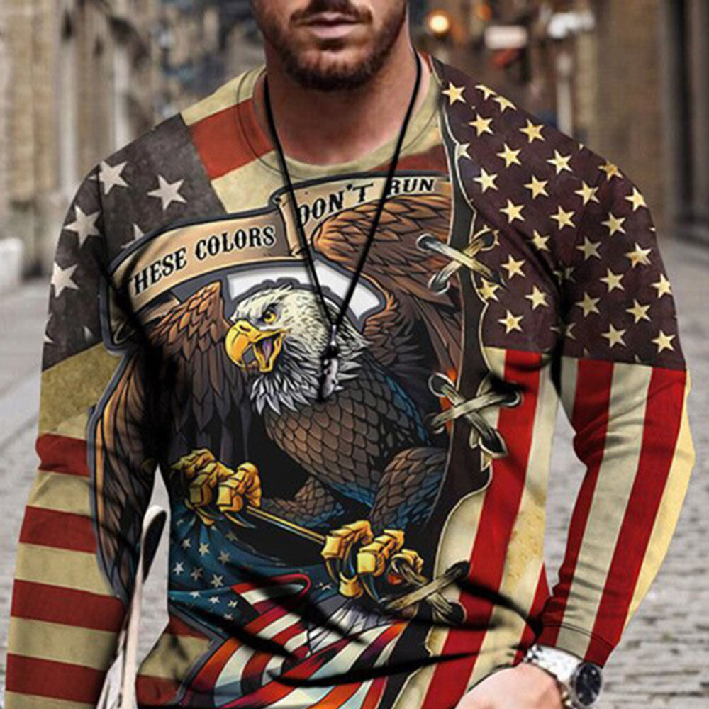 America These Colors Don't Run T-shirt | Casual Round Neck Cartoon Print Long Sleeve Men's T-shirt