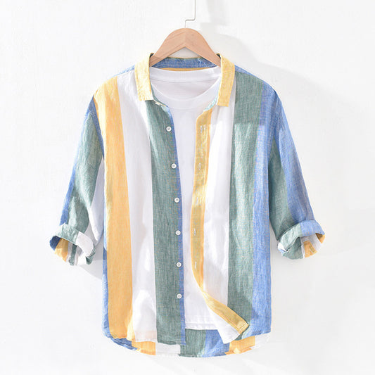 Lapel Stripe Casual Patchwork Summer Men's Shirt