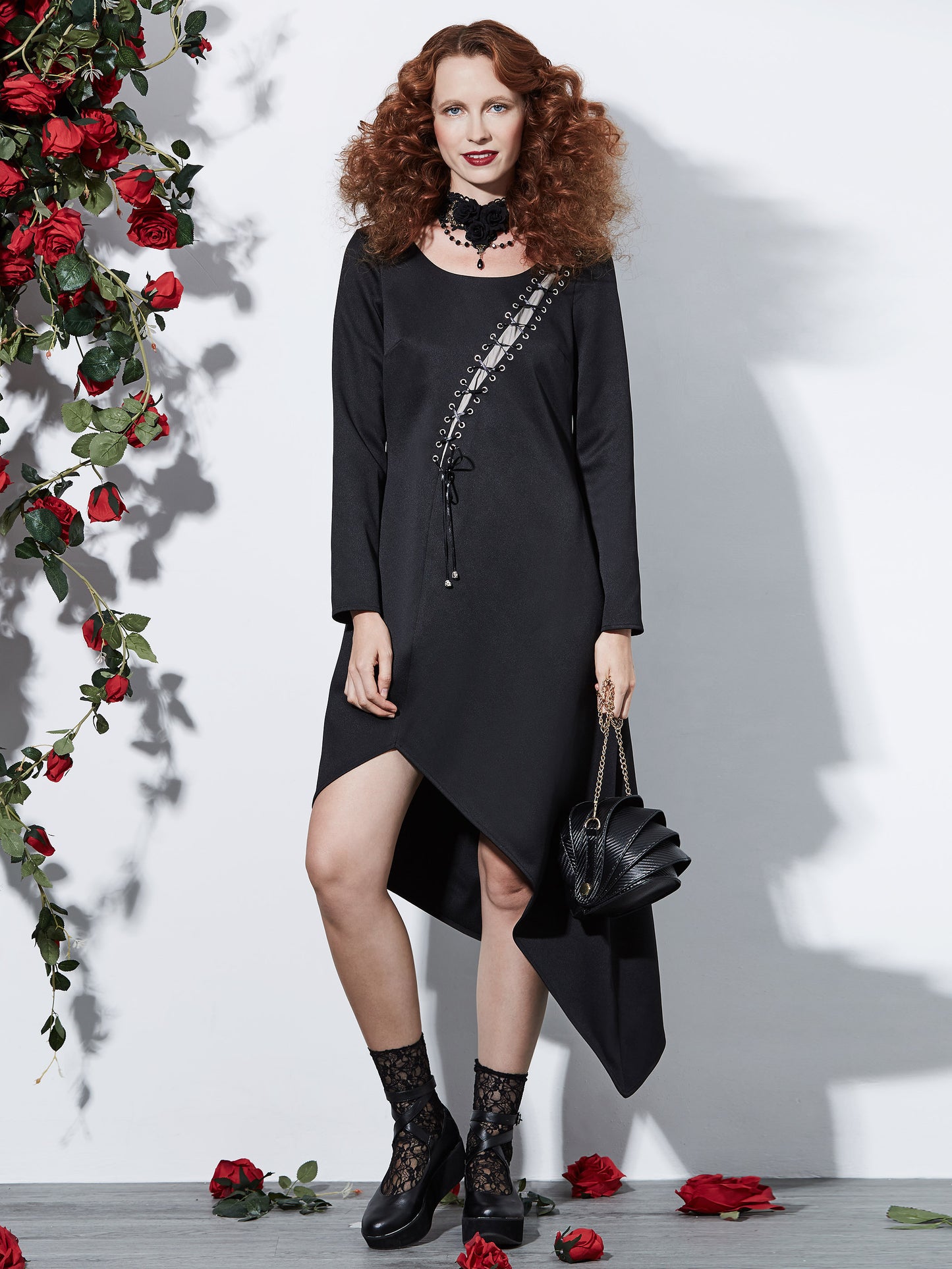 Mid-Calf Round Neck Asymmetric Long Sleeve Modern Women's Dress