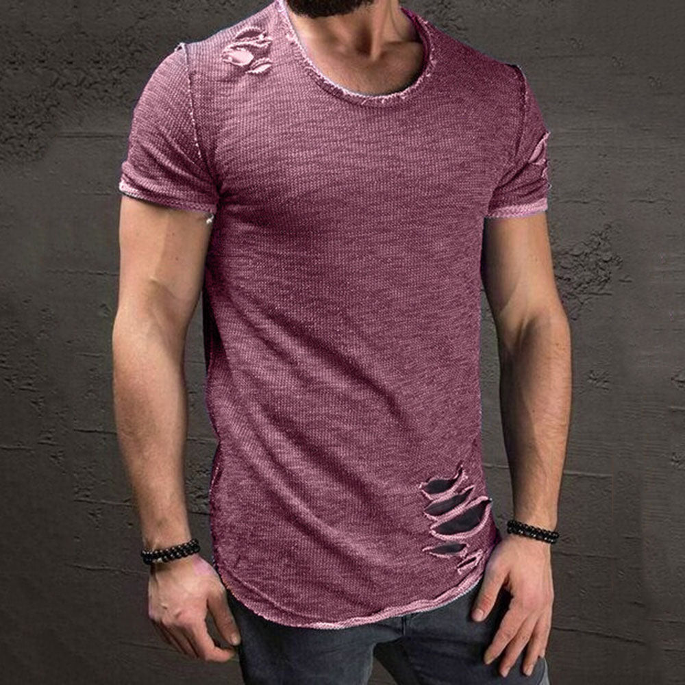 Round Neck Plain Casual Hole Slim Men's T-shirt