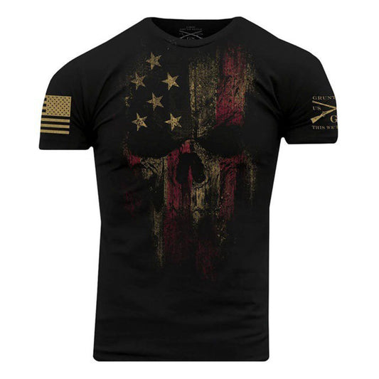 USA Military American Skull Flag Patriotic T-Shirt | Print Round Neck Casual Short Sleeve Men's T-shirt