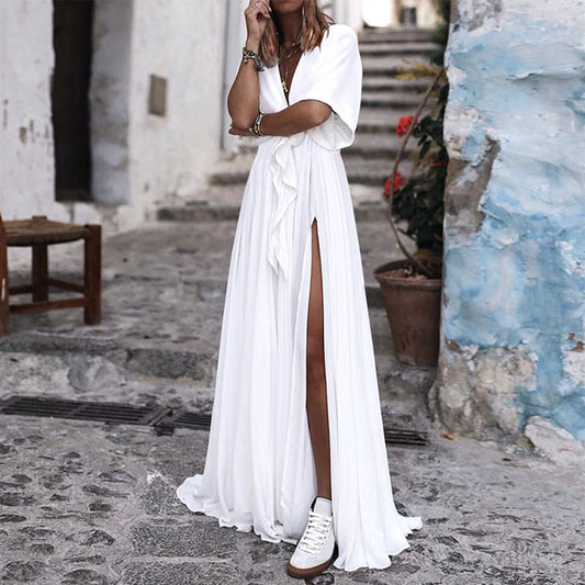 V-Neck Split Floor-Length Short Sleeve Plain Women's Dress