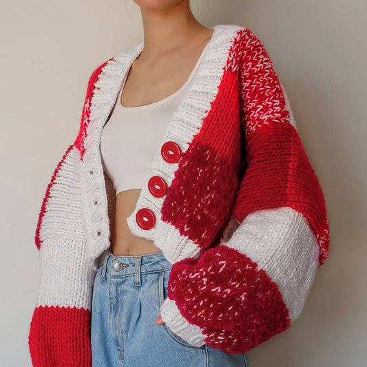 Merry Christmas Sweater | Single-Breasted Patchwork Short Women's Sweater