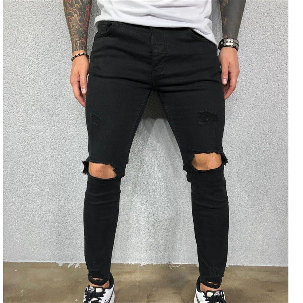 Pencil Pants Thin Plain Hole Mid Waist Men's Jeans