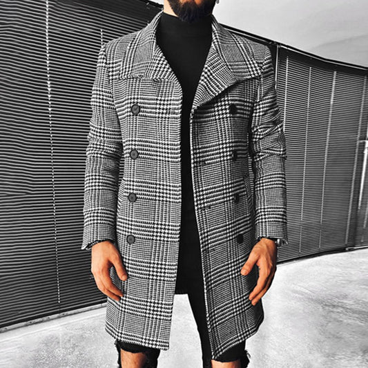 Print Plaid Mid-Length Lapel Double-Breasted Men's Coat