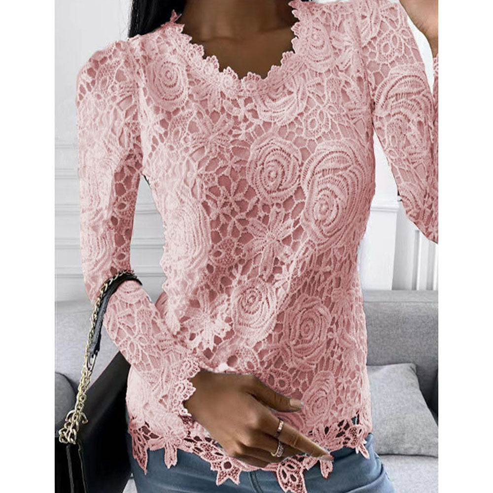 Round Neck Floral Lace Standard Women's Blouse