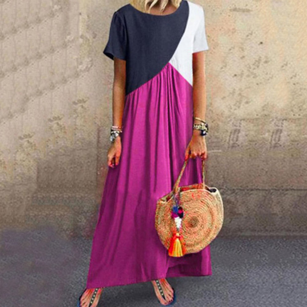 Round Neck Ankle-Length Patchwork Short Sleeve A-Line Women's Dress