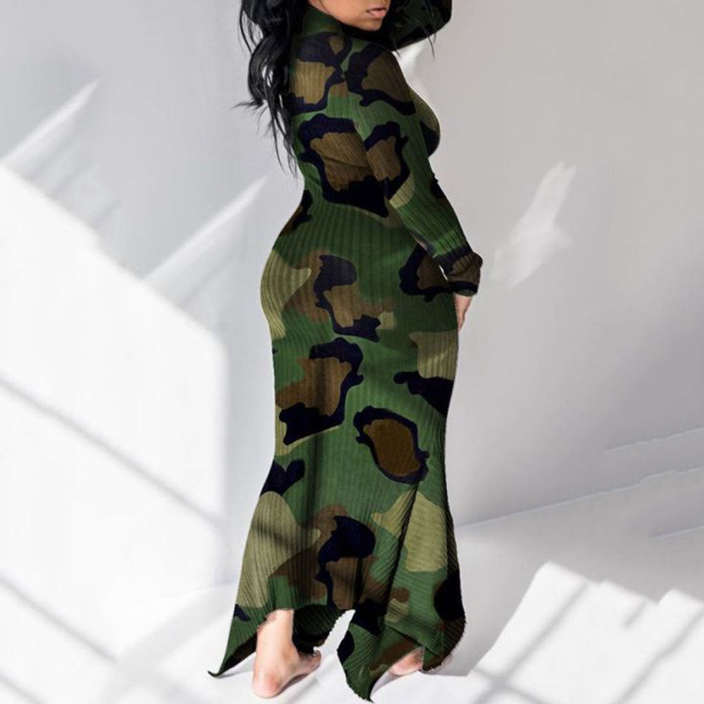 Asymmetric Floor-Length Long Sleeve Camouflage Women's Dress