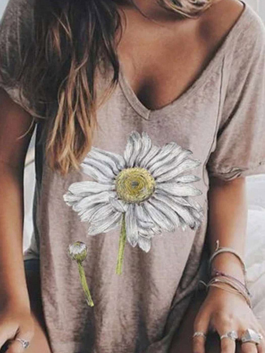 V-Neck Floral Short Sleeve Mid-Length Loose Women's T-Shirt