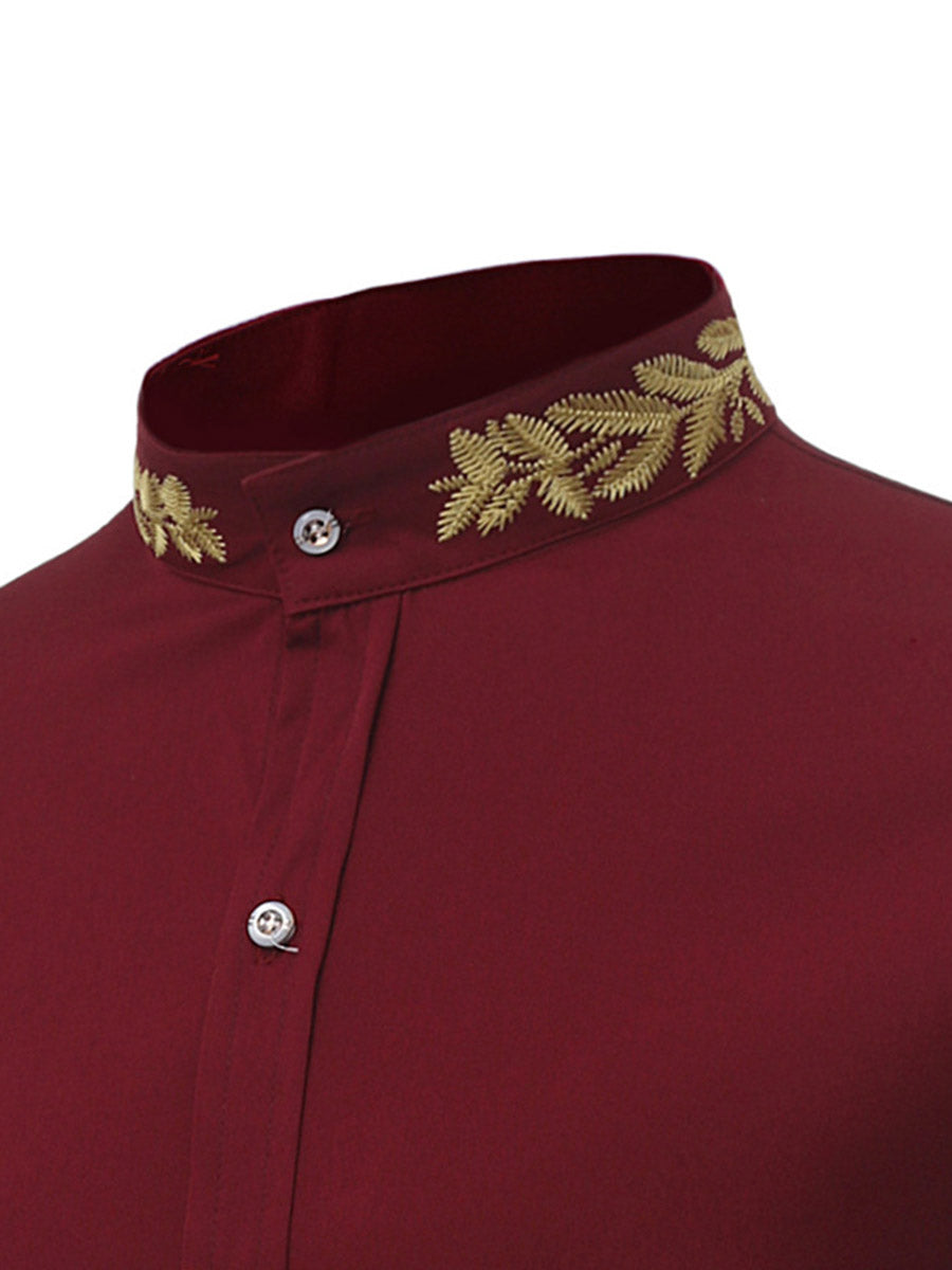 Embroidery Stand Collar Plain Single-Breasted Men's Shirt