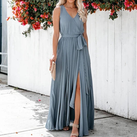 Sleeveless Split Floor-Length V-Neck Expansion Women's Dress