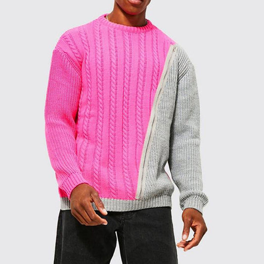 Zipper Standard Round Neck Color Block Winter Men's Sweater