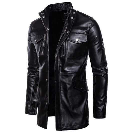 Plain Mid-Length Stand Collar Zipper Men's Leather Jacket