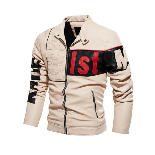 Stand Collar Letter Standard Patchwork Men's Leather Jacket