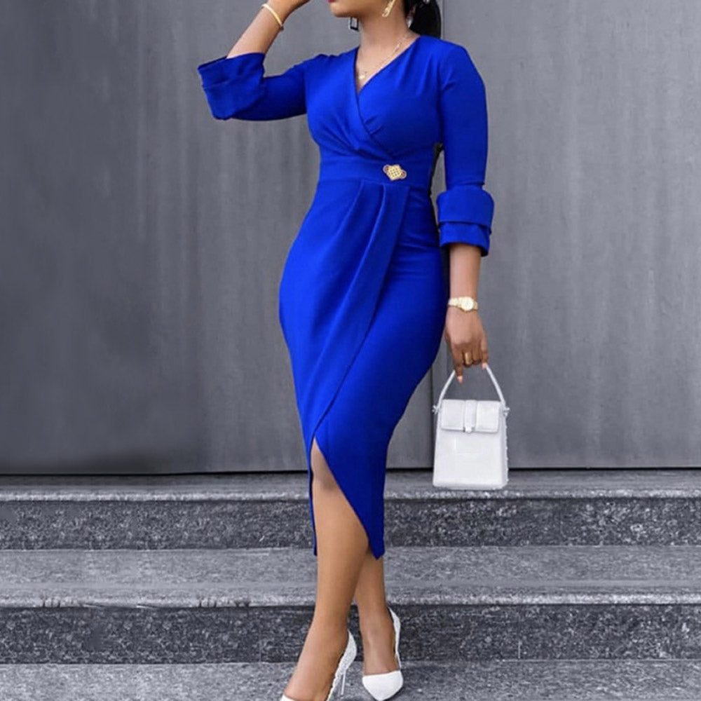 Mid-Calf V-Neck Split Three-Quarter Sleeve Pencil Women's Dress