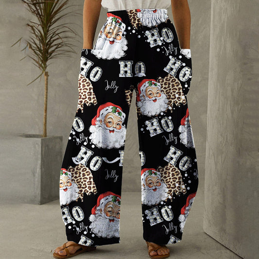 Merry Christmas Pants Pocket Loose High Waist Women's Casual Pants