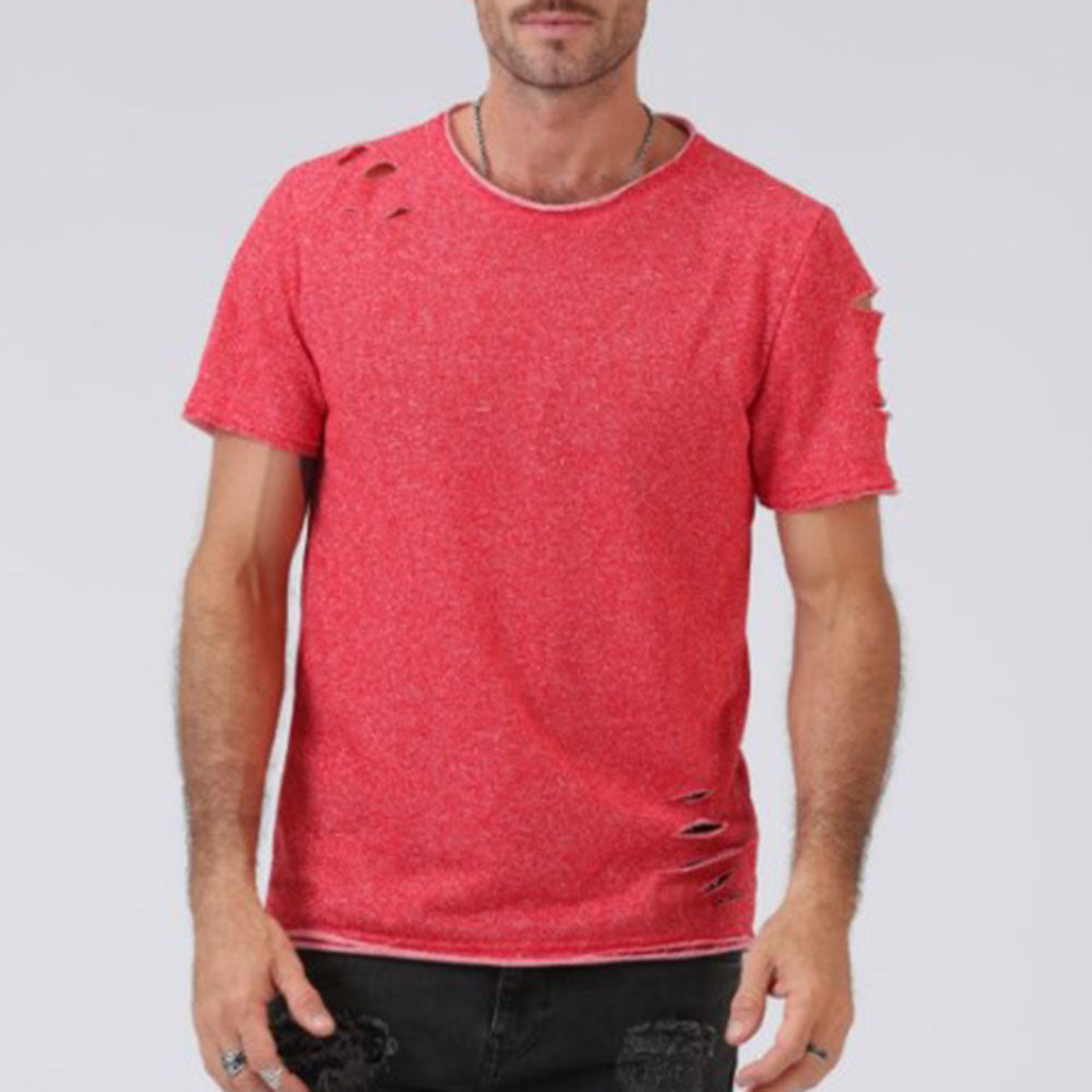 Round Neck Plain Casual Hole Slim Men's T-shirt