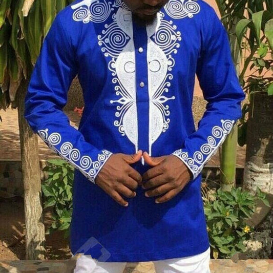 Dashiki Ethnic Stand Collar Print Slim Men's Shirt