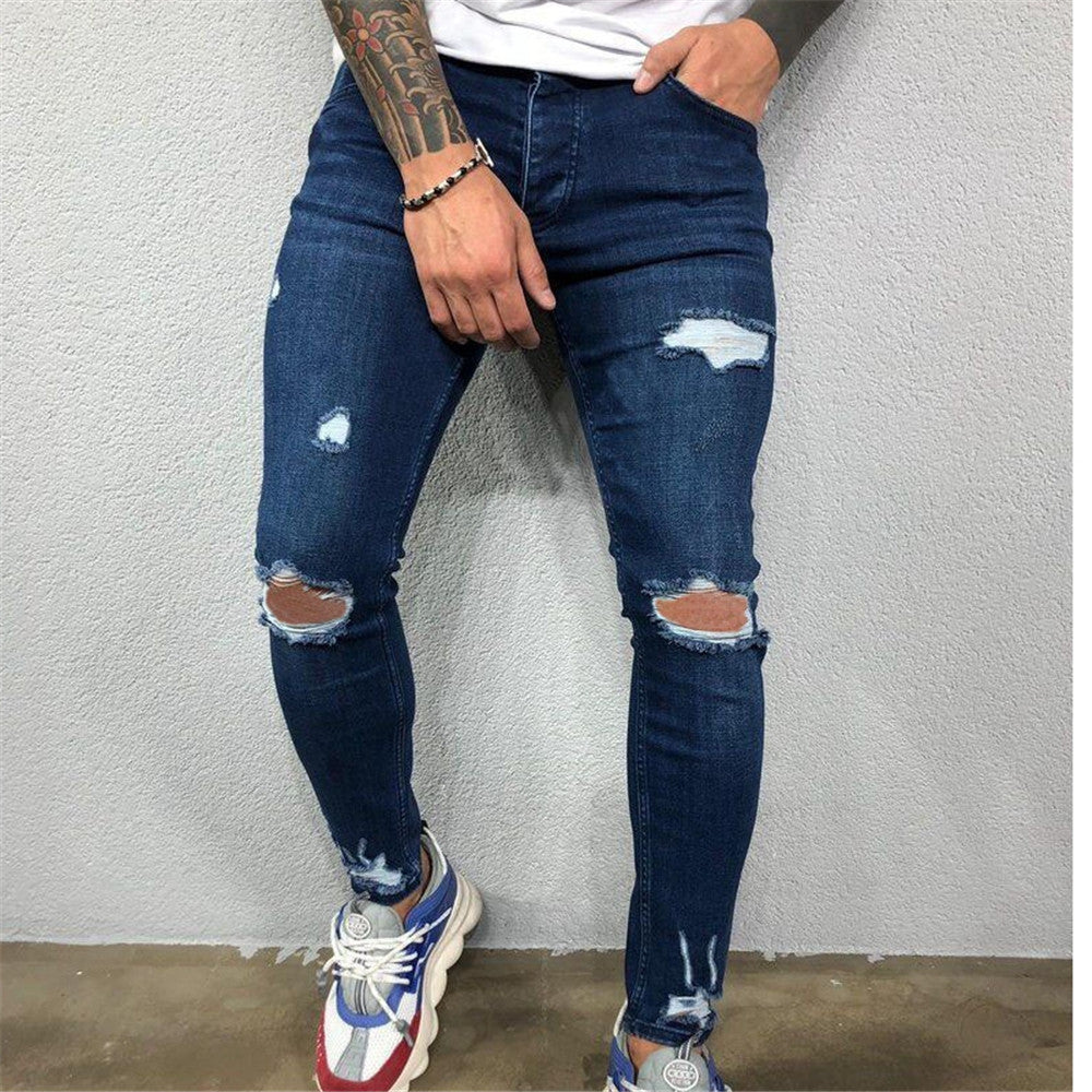 Pencil Pants Thin Plain Hole Mid Waist Men's Jeans