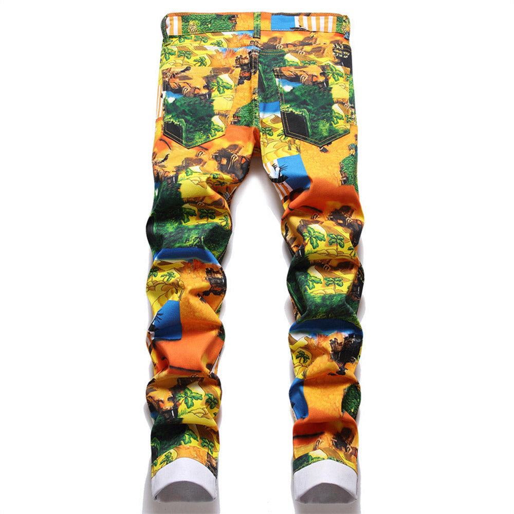 Straight Print Mid Waist Men's Casual Pants