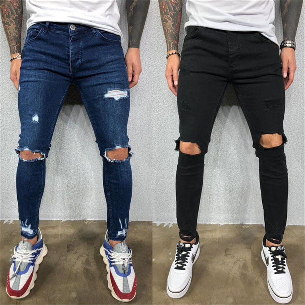 Pencil Pants Thin Plain Hole Mid Waist Men's Jeans