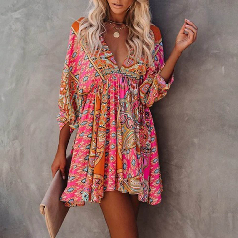 Above Knee V-Neck Three-Quarter Sleeve Print Floral Women's Dress