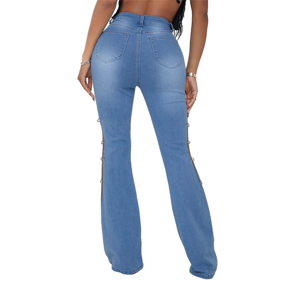 Plain Hollow Bellbottoms Slim Women's Jeans