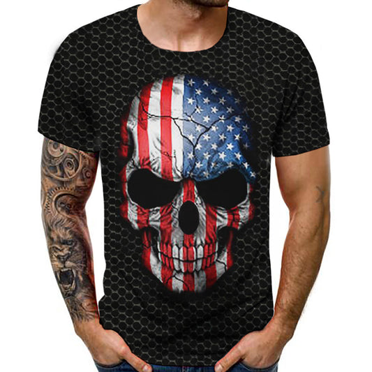 Cartoon Skull American Flag T-shirt Round Neck Hip Hop Print Loose Men's T-shirt