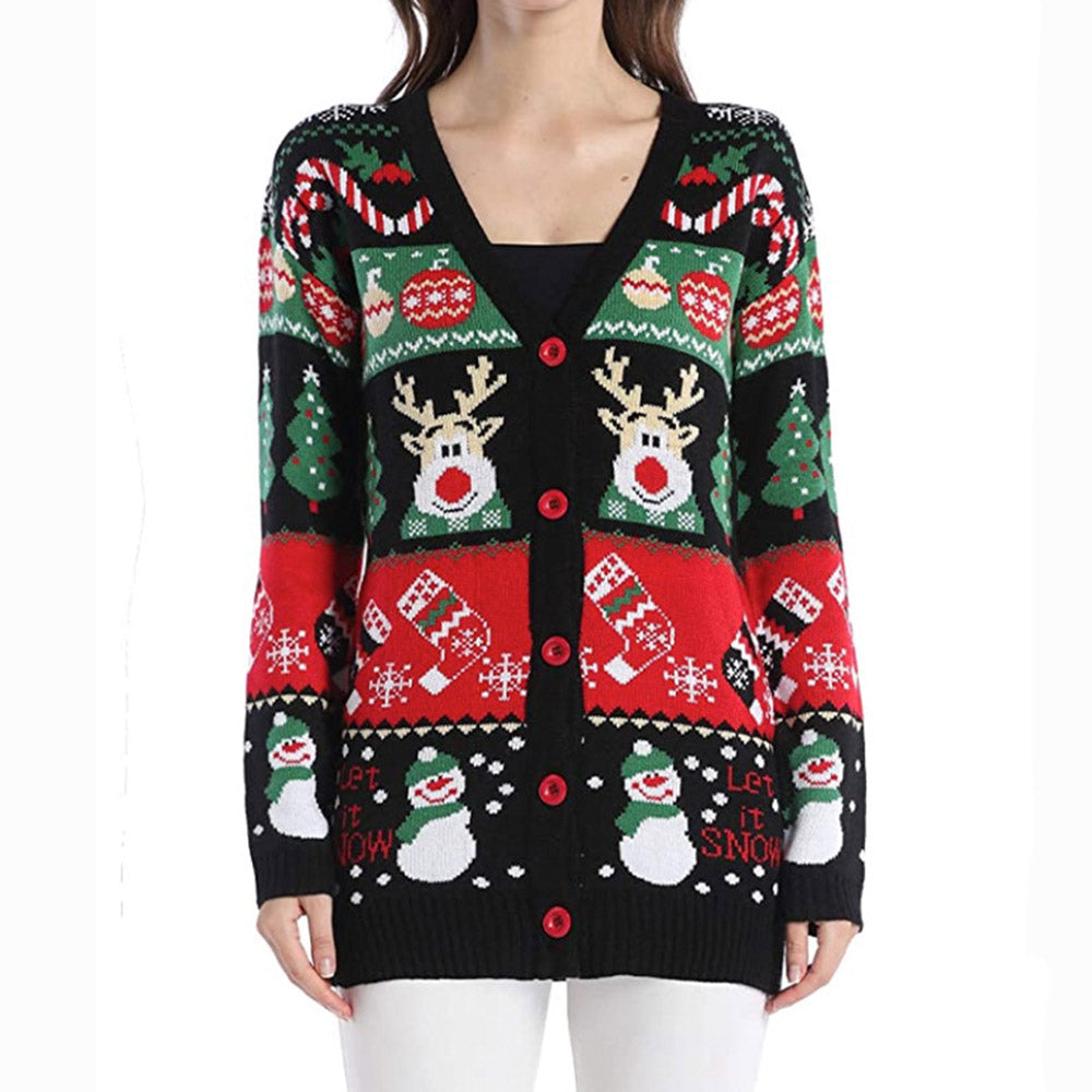 Merry Christmas Sweater | Patchwork Single-Breasted Loose Women's Sweater