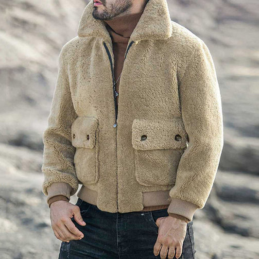 Plain Pocket Lapel Fleece Winter Men's Jacket