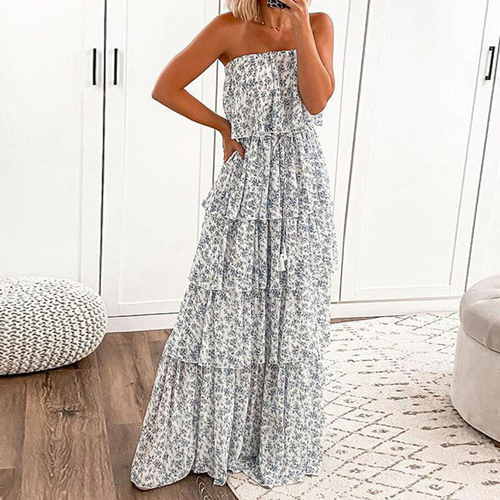 Floor-Length Off Shoulder Sleeveless Print Summer Women's Dress