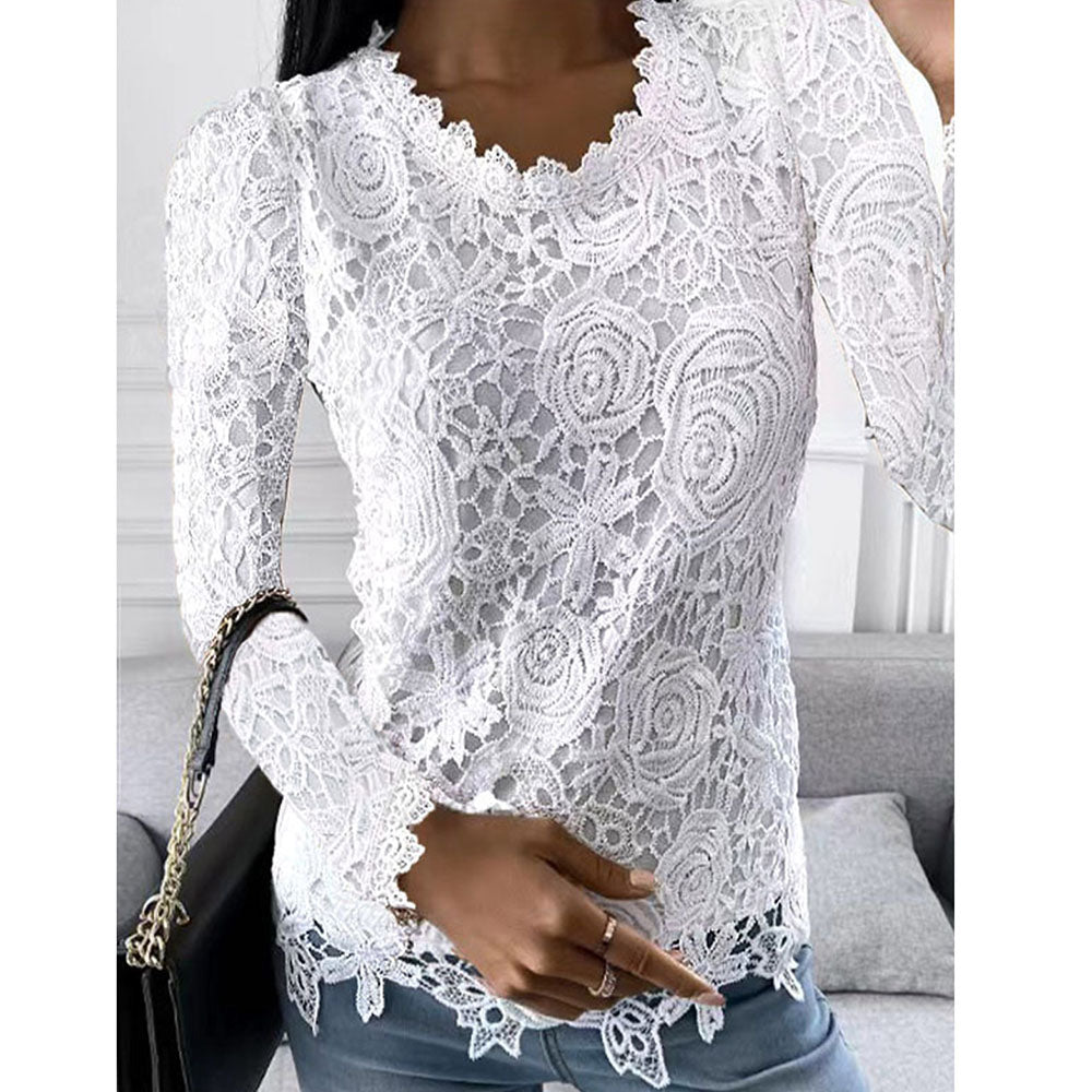 Round Neck Floral Lace Standard Women's Blouse