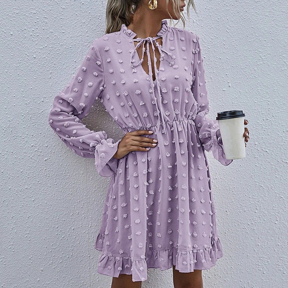 Ruffled Collar Long Sleeve Above Knee Plain Women's Dress