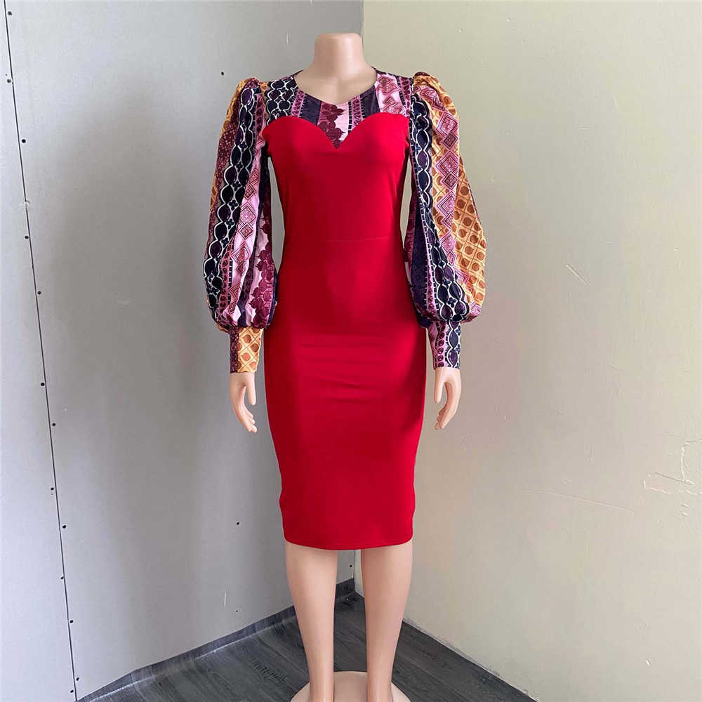 Bodycon Dress | Knee-Length Print Long Sleeve Round Neck Office Lady Women's Dress