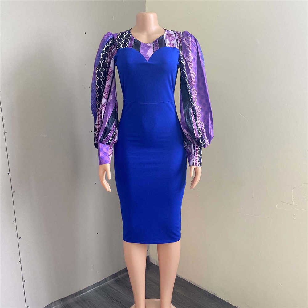 Bodycon Dress | Knee-Length Print Long Sleeve Round Neck Office Lady Women's Dress